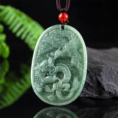 Natural Green Jadeite Carved Charm Dragon Phoenix Lucky Pendant Amulet Necklace - Picture 1 of 7