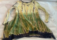CITRON Santa Monica Rayon/Linen Yellow/Green Tie Dye Tunic Lagenlook  M EUC