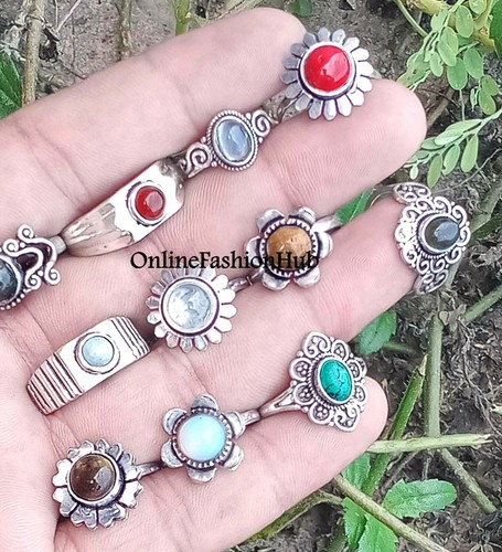 Labradorite & Mix Gemstone 925 Sterling Silver Plated Wholesale Lot Quit Rings - Picture 3 of 3