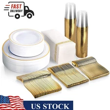 350 Piece Gold Plastic Disposable Dinnerware Set Plates Silverware Cups Paper US