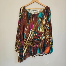 Attitudes by Renee Tunic Top Womens 3X Asymmetrical Brown Turquoise Mature Artsy