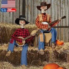 Fun Animated Duel Banjo Skeleton Jointed and Glowing Eyes Halloween Decoration