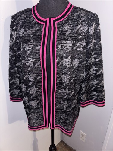 Ming Wang Cardigan Knit Jacket Career Black/White Print Pink Trim Open Front L - Picture 7 of 18