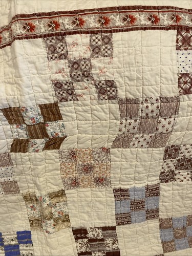 Trapunta patchwork fatta a mano giro fatta in casa 36” x 32” marrone bianco bambino vintage - Foto 4 di 6