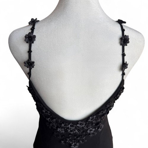VTG Sue Wong 100% Silk Black Floral Appliqué Y2K Asym Hem Homecoming *tiny flaw - Picture 10 of 23