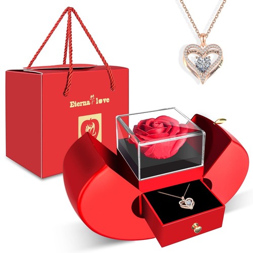 Preserved Flower Red Rose with Heart Necklace, Gifts for Mom, Girlfriend, Wom...