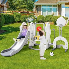 7-in-1 Toddler Slide Swing Playset,Indoor Outdoor Kid Climber w Hoop Games Gray