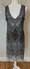 NWT Gatsbylady Renee Beaded 20s Flapper Silver Black Evening Gatsby Dress Sz 12