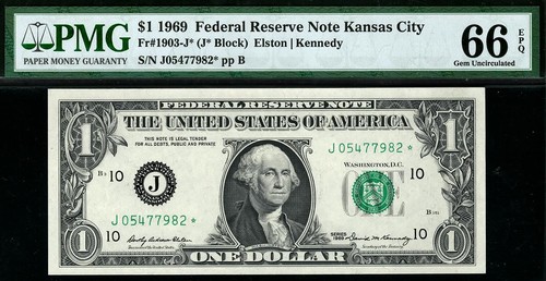 1969* $1 Kansas City STAR Federal Reserve Note FRN • 1903-J* • PMG 66 EPQ