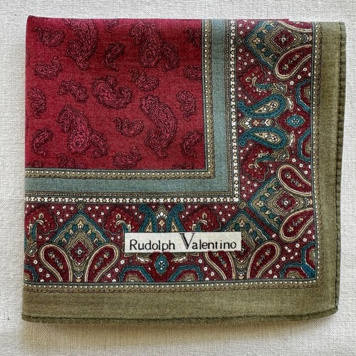 Vintage Mens Handkerchief Paisley Border Green Pocket Square Dark Red Cotton 18" - Picture 1 of 3