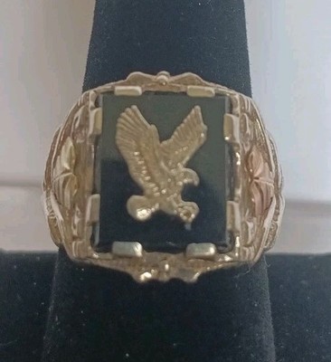 Mens Vintage Black Hills Eagle Ring Blk Onyx, Sterling Silver W/Gold Leaves Sz 9