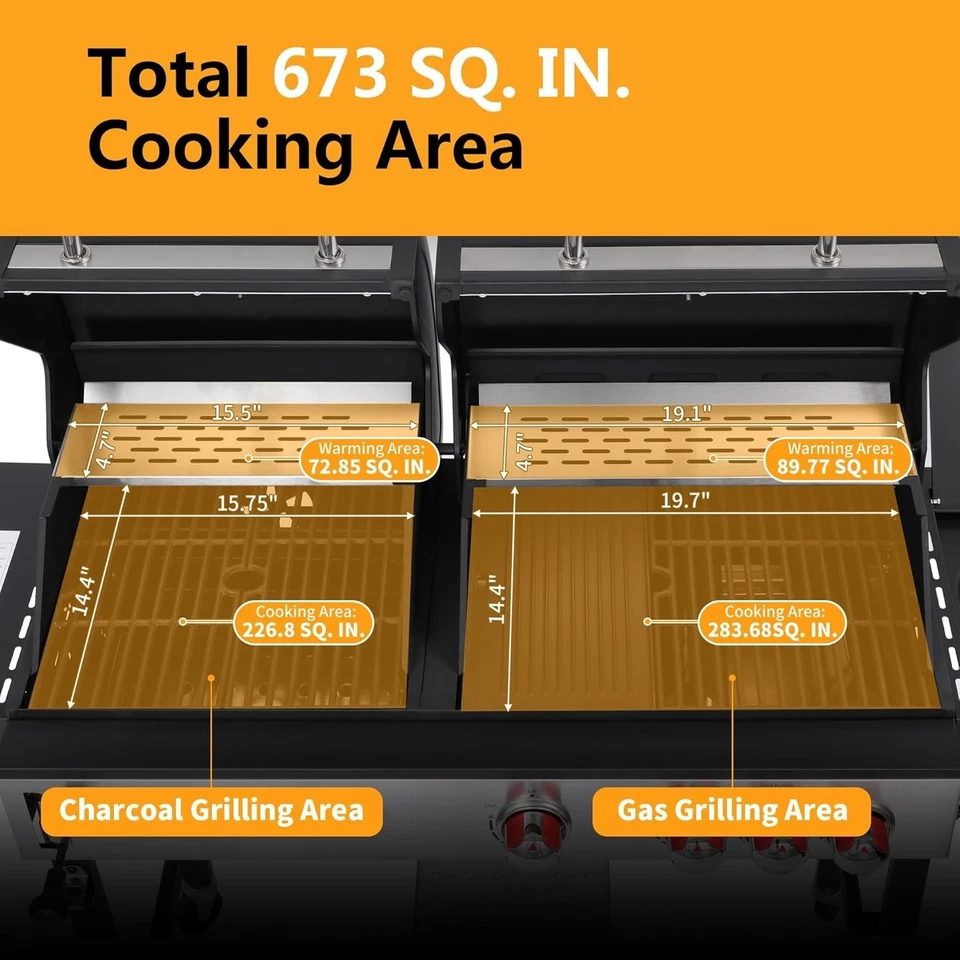 Parrilla combinada de gas y carbón de 3+1 quemadores para exteriores, 672 cuadrados In. 39000 BTU Foto 3 de 4