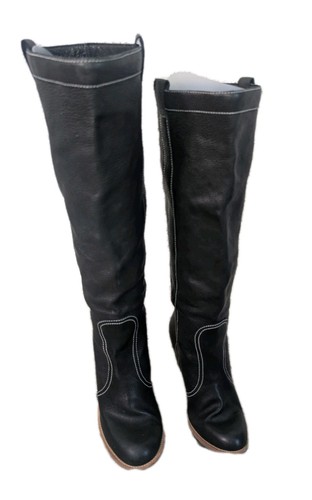 Anna Sui echt schwarz Leder Kniehohe Stiefel Gr. 39 (8), Mode, Cowgirl