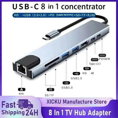 8 in 1 USB C HUB Type-C Multi USB Port 4K HDMI Adapter Dock RJ45 Ethernet USB-C