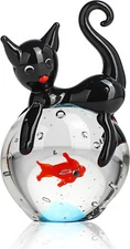 QFkris Blown Glass Black Cat Figurine, Mini Glass Animals Sculpture, Cat and Fis
