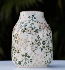 Green Ceramic Decorative Floral Vase for Flower Beige Ice Glazed Crack Farmho...