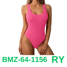 Limeeke Women One Piece Swimsuit Solid Ribbed Monokini Swimwear Scoop Neck, M
