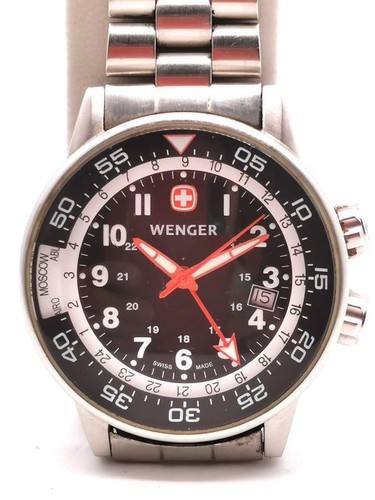 Wenger Commando Black Stainless Steel Silver Mens Swiss Made Watch 100m WR
