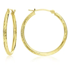 14K Real Solid Gold 1" Large Diamond-Cut Hoop Earrings Lightweight Large Hoops