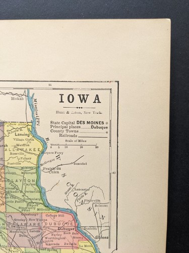 Antique Original 1890 IOWA Hunt & Eaton Colored Map 13x11 ~ Fisk & Co. - Picture 4 of 7