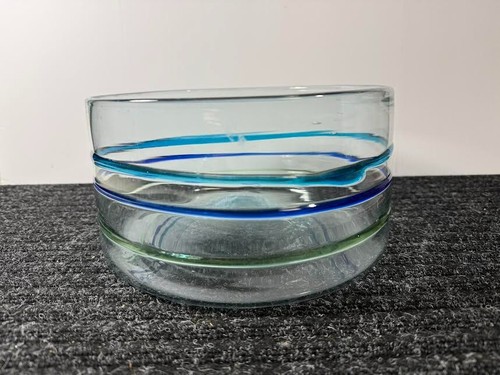 Art Glass Bowl Hand Blown Blue Green Applied Swirl - Picture 2 of 6
