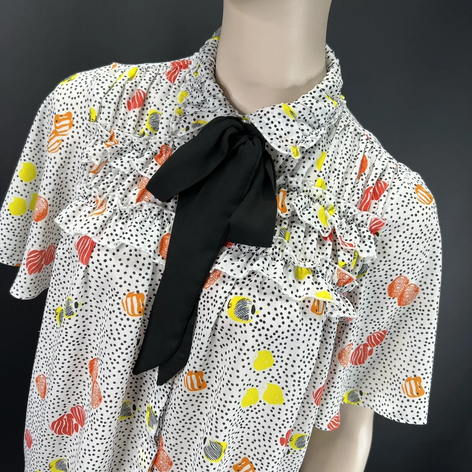 ZARA Camicia Basic Donna Taglia S - Blusa Bianca a Pois con Volant - Manica Corta - Immagine 2 di 4