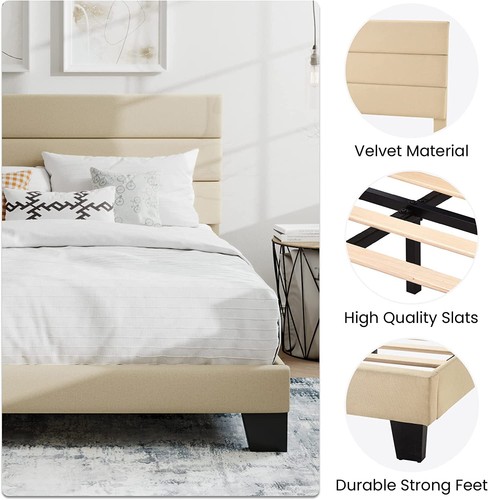 Full Size Platform Bed Frame with Upholstered Fabric Headboard, Beige - Picture 6 of 6