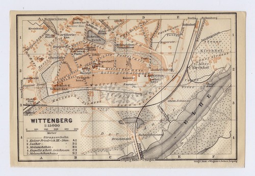 1914 ORIGINAL ANTIQUE MAP OF WITTENBERG / SAXONY-ANHALT / GERMANY
