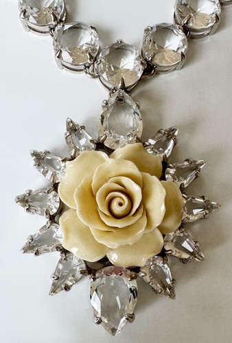 PRADA SILVER METAL IVORY CREAM RESIN ROSE CRYSTAL NECKLACE - Picture 6 of 20