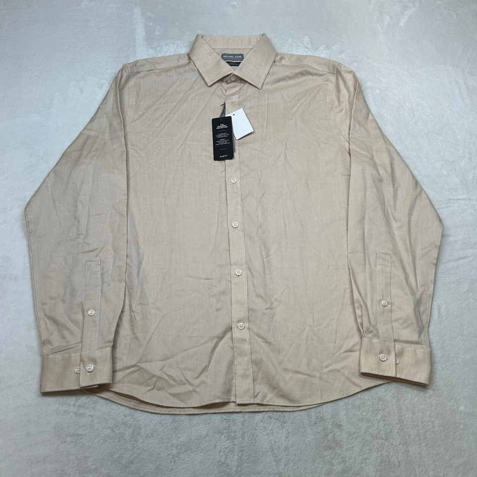 Camisa Michael Kors Passport Calce Ajustado Para Hombres Grande 16-16.5 Tostado Tostado Algodón Lino NUEVA Foto 2 de 4