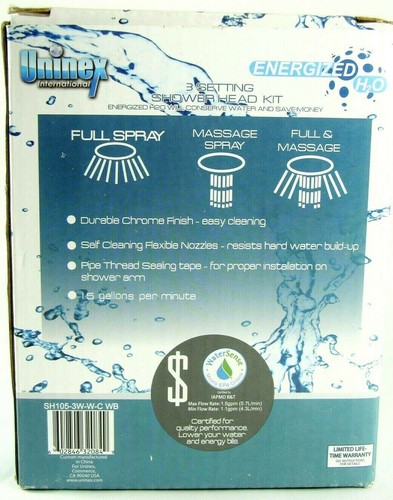 NUEVO Cabezal de ducha Uninex Energized H2O 3 ajustes de spray masaje 1,5 GPM - Imagen 2 de 4