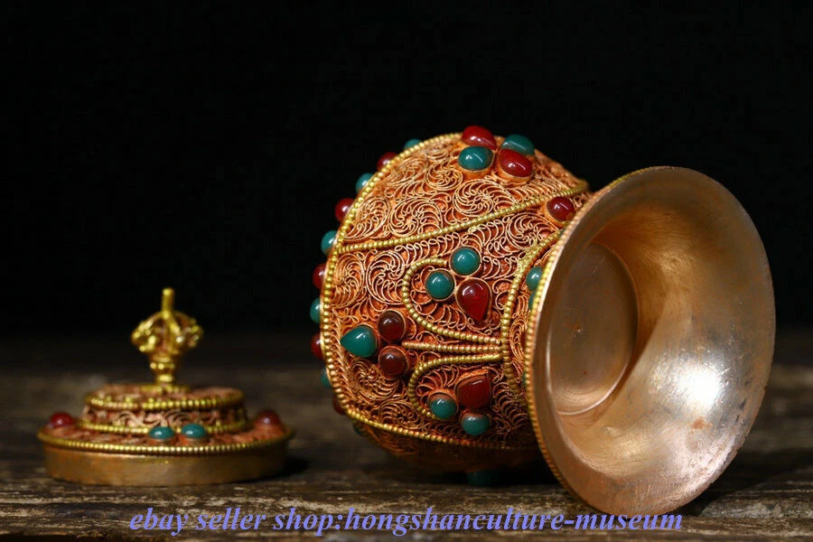Antiguo templo del bidismo tibetano de 4,4 " alambre de plata incrustación dorada gema jarra de olla  Foto 2 de 4