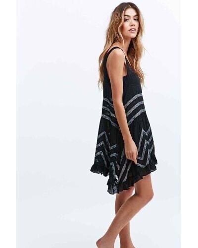 Intimate Free People Trapez Schlupfkleid Gr. S schwarz grau ärmellos Spitzenbesatz - Bild 5 von 19