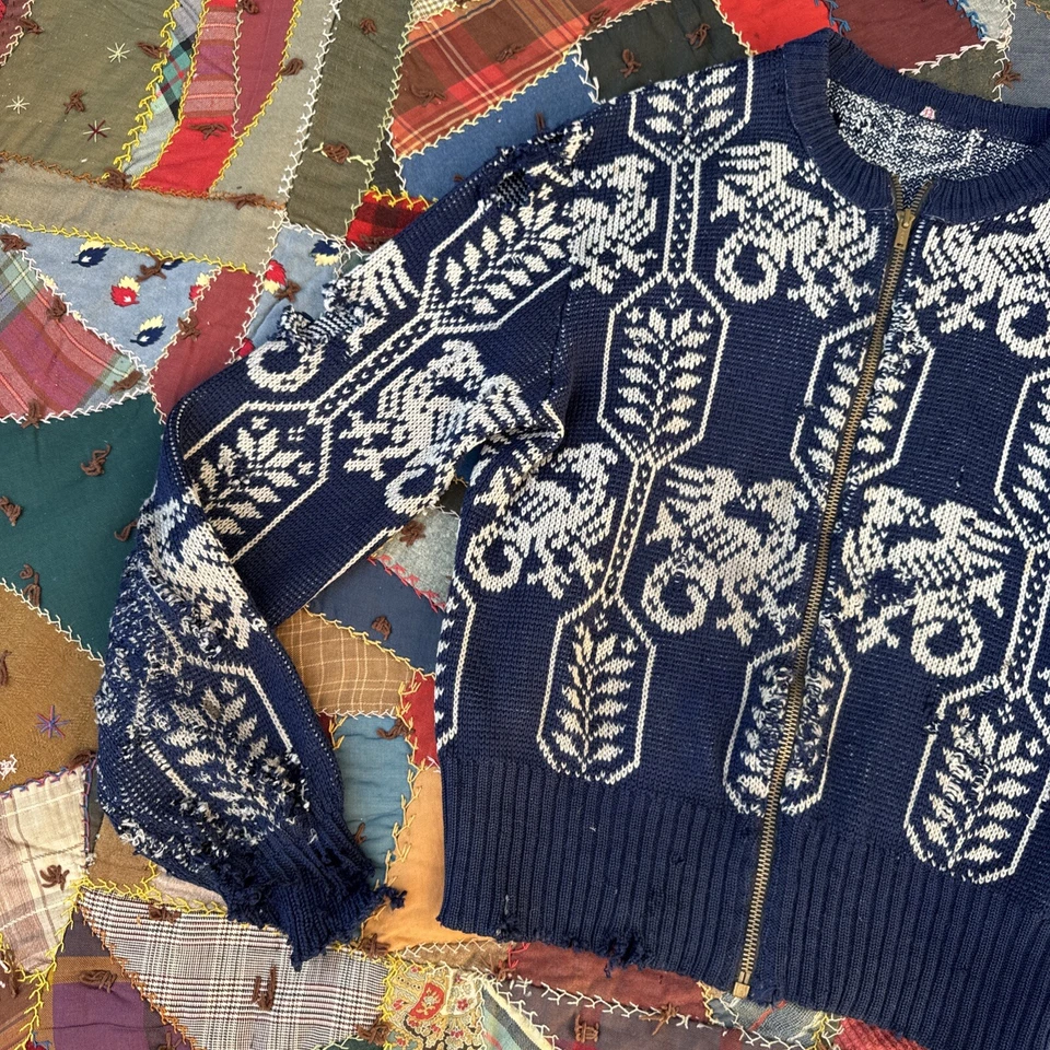 Vintage 1930s Griffin Mythical Creature Sweater Knit Zip Up Cardigan Blue Wool - Image 2 of 4