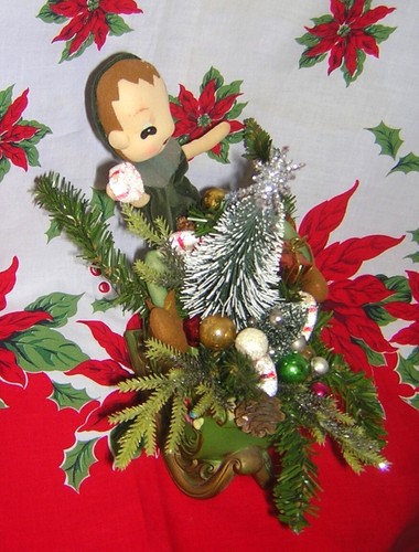 HOLIDAY Christmas PIXIE/ELF Riding GREEN CANDY SLEIGH w/Gifts Trees Assemblage - Picture 4 of 6