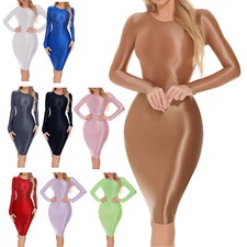 Womens Long Sleeve Bodycon Tight Pencil Dress Oil Glossy Sheer Micro Mini Dress