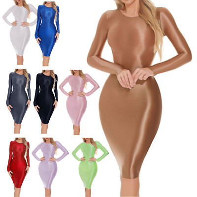 Sexy Women's Oil Glossy Bodycon Dress Long Sleeve Hip Wrap Pencil Midi  Dress | eBay