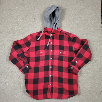 #ad Craftsman Flannel Jacket Men#x27;s Red Medium Plaid Quilted Lined Hooded Shacket $35.00