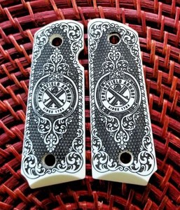 Compact-Springfield-Armory-1911-custom-engraved-ivory-grips-Scroll-Checkered