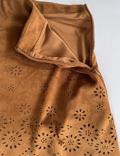 Zara Womens Medium Brown Faux Suede Laser Cut Skirt Mini Western Country - Picture 5 of 12