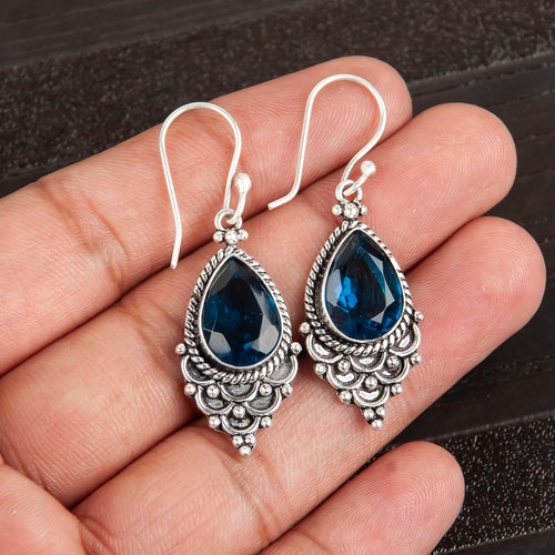 London Blue Topaz Gemstone 925 Sterling Silver Jewelry Handcrafted Earrings 1.9" - Picture 7 of 7