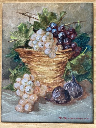 1962 European Oil Painting Still Life Vineyard Grapes Figs Basket Wine Napa Art - Picture 6 of 12