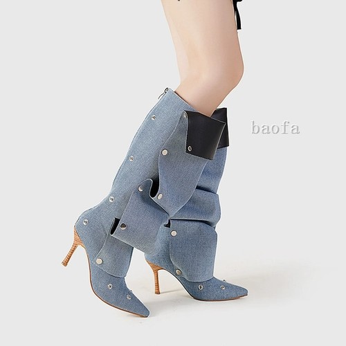 Runway Slouch Pointed Toe Knee High Boots Stiletto Heel Pull On Designer Western - Bild 7 von 28