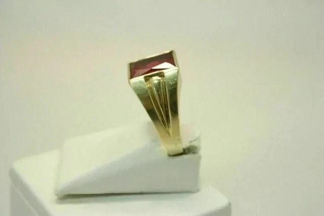 5Ct Emerald Cut Lab Created Red Ruby Solitaire Men's Ring 14k Yellow Gold Plated - Image 3 of 4