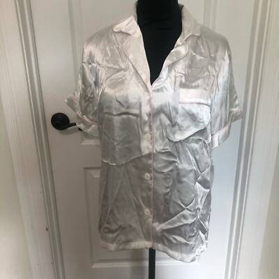 Linea Donatella White Satin Bride Sleep Shirt Pink Trim Rhinestone BDE046 Small