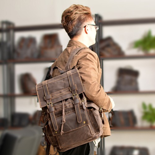 Vintage Water Resistant Waxed Canvas Flap Drawstring Backpack Day Travel Hiking - Picture 12 of 16
