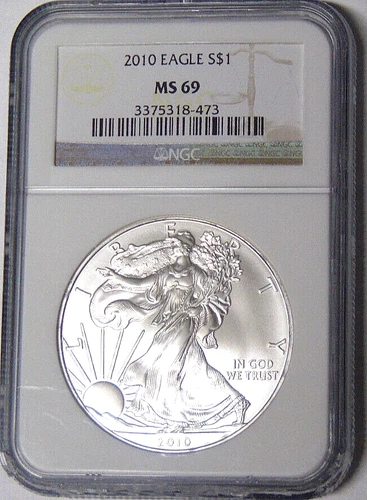 NGC MS69 2010 American Eagle Silver Dollar 1 oz .999 Fine Silver - Rim Nicks