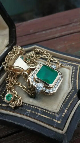 2.70Ct Asscher Cut Emerald Diamond Halo Pendant 14K Yellow Gold Finish - Picture 2 of 3