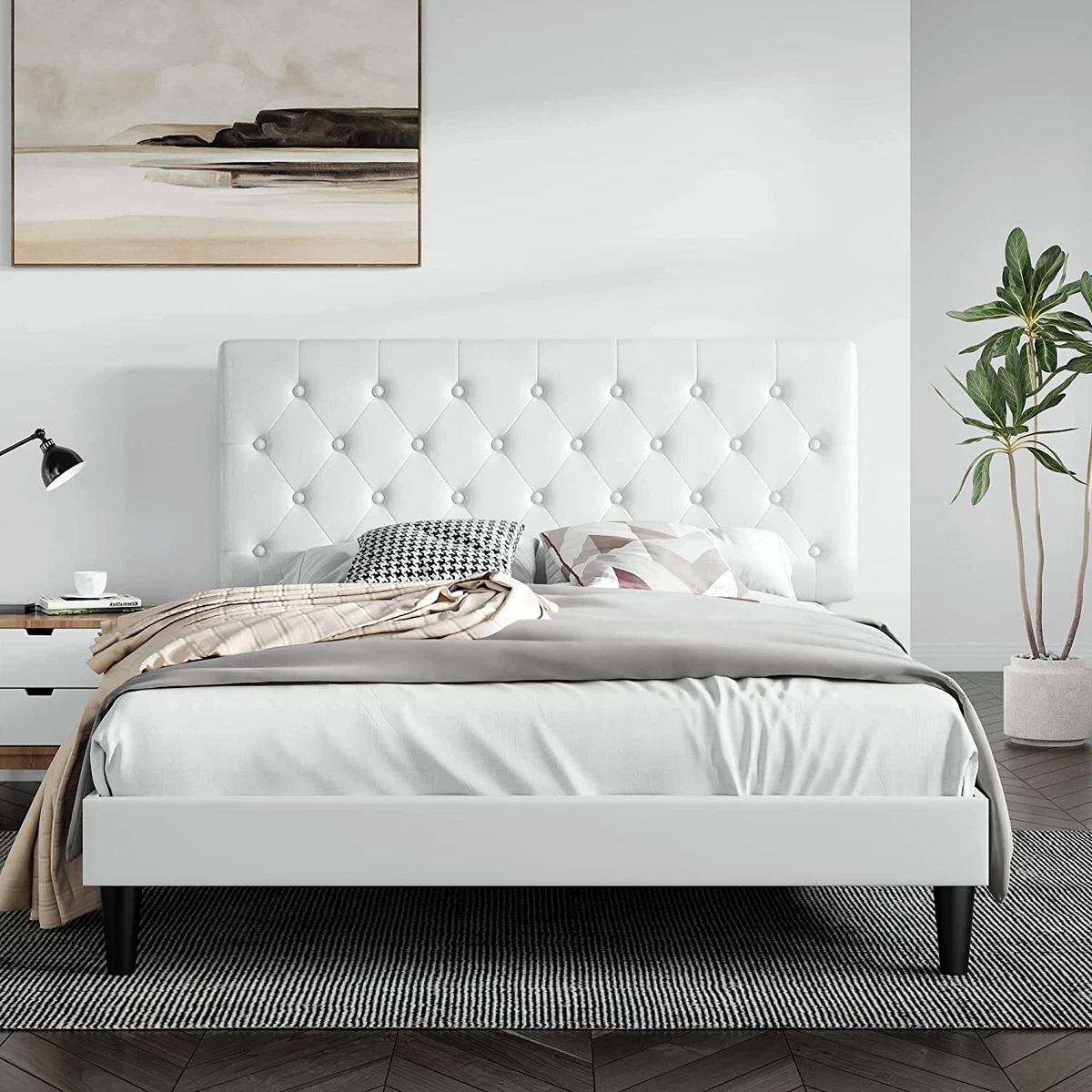 Sha CERLIN Full Size Bed Frame with Button Tufted Headboard, Faux Leather Upholstered Mattress Foundation, Platform Bed Frame, Wooden Slat Support