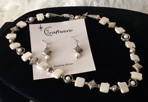 Vintage Sterling Silver Round & Square Baroque Pearl Necklace & Earring Set - Picture 16 of 19